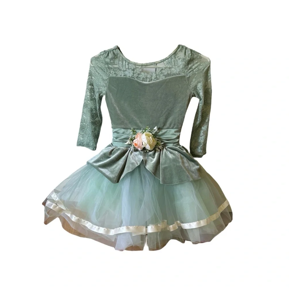 Weissman Green Ballet Tutu Costume MC Floral Lace Velour Recital Dance Dress